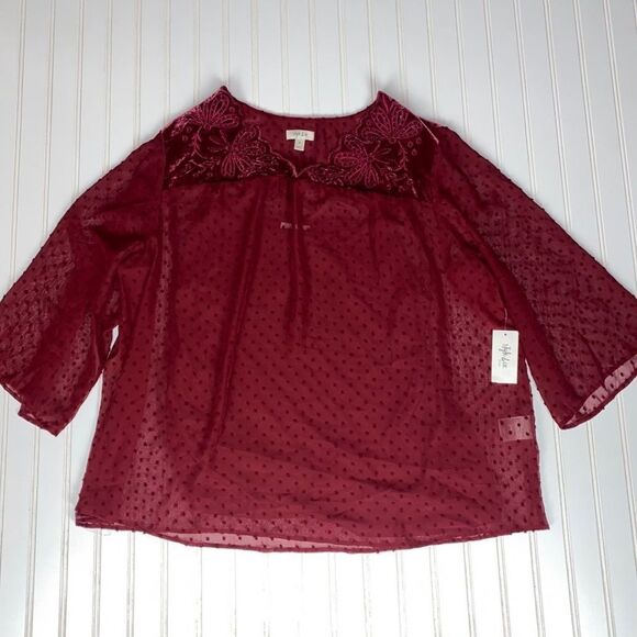 Style & Co Eyelet Red Swiss Dot Velvet Velour Yoke Top Blouse 3X NWT - Picture 3 of 11